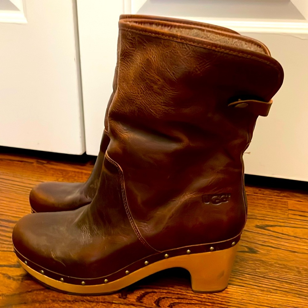 UGG brown leather clog, Lynnea Sherling ankle boots size 9